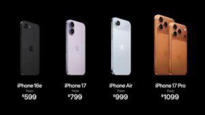 Apple iPhone models with prices displayed