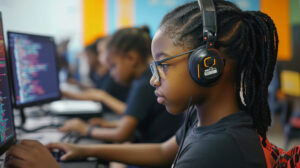 vecteezy a young girl wearing headphones and a headset on a computer 68514442 2